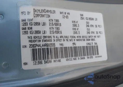 2004 Dodge Grand Caravan Sxt from USA, damaged, VIN 2D8GP44L44R602595